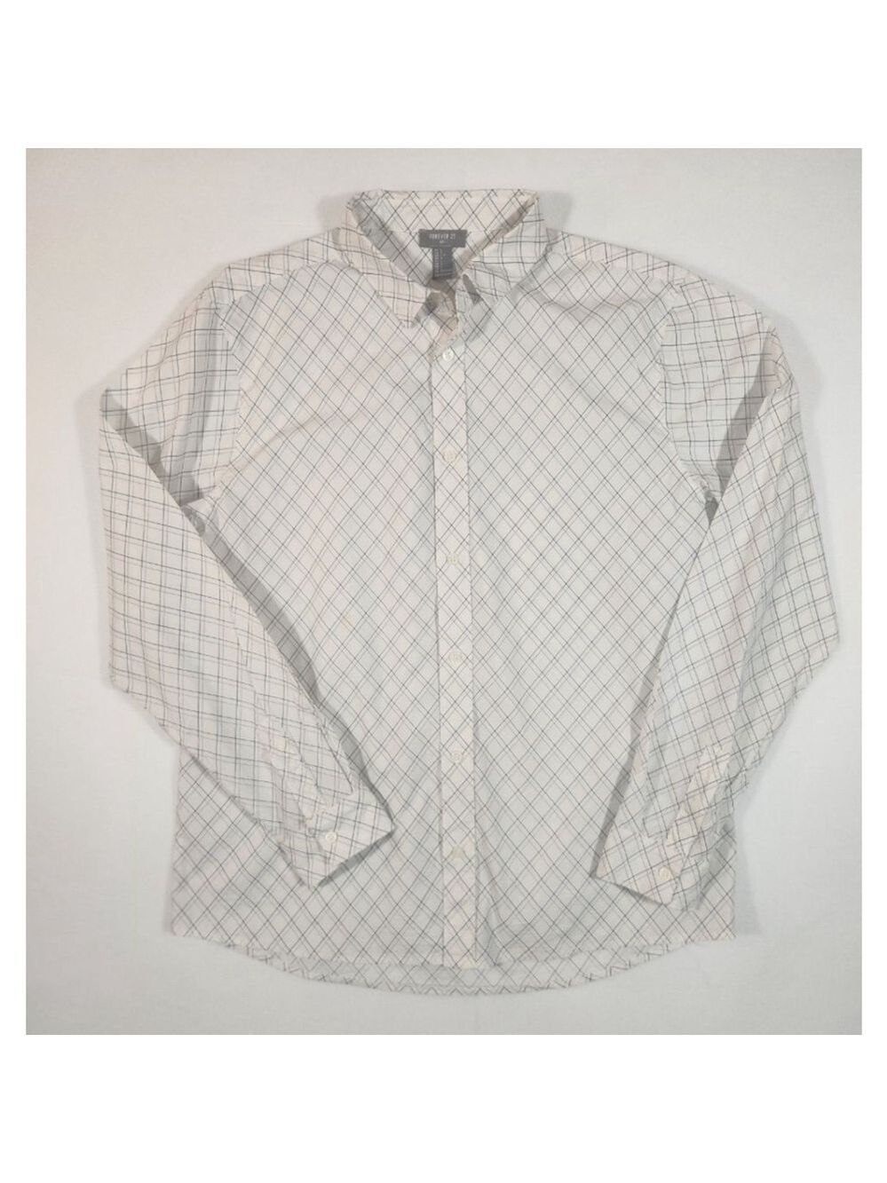 Men's FOREVER 21 White & Black Plaid Lighgweight Casual Button Down Shirt L